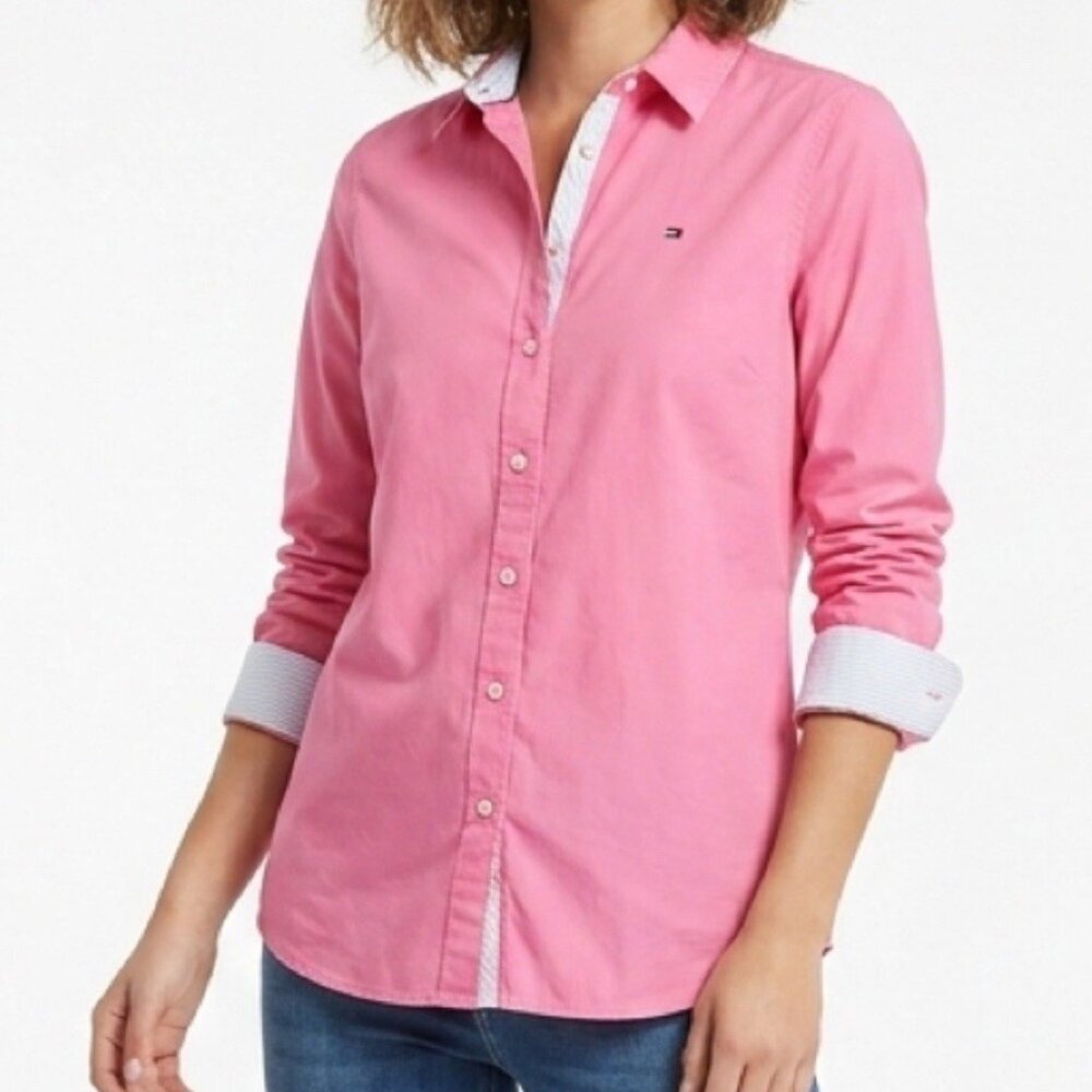 NEW Tommy Hilfiger Button Down BLOUSE TOP Striped Cuffs XSP Petite XSMALL Pink